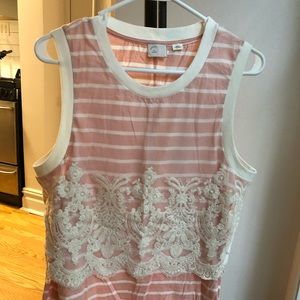 Anthropologie Pink Striped tank with Lace Overlay